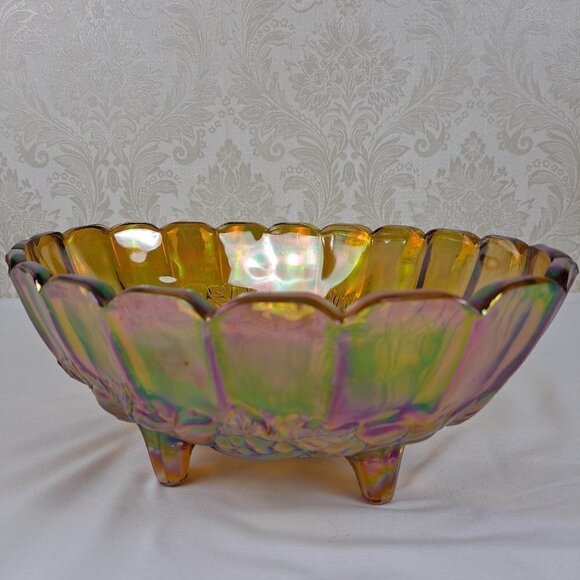 Indiana Glass Amber Carnival Glass Oval Footed Fruit Bowl Embossed Vintage - Picture 5 of 11